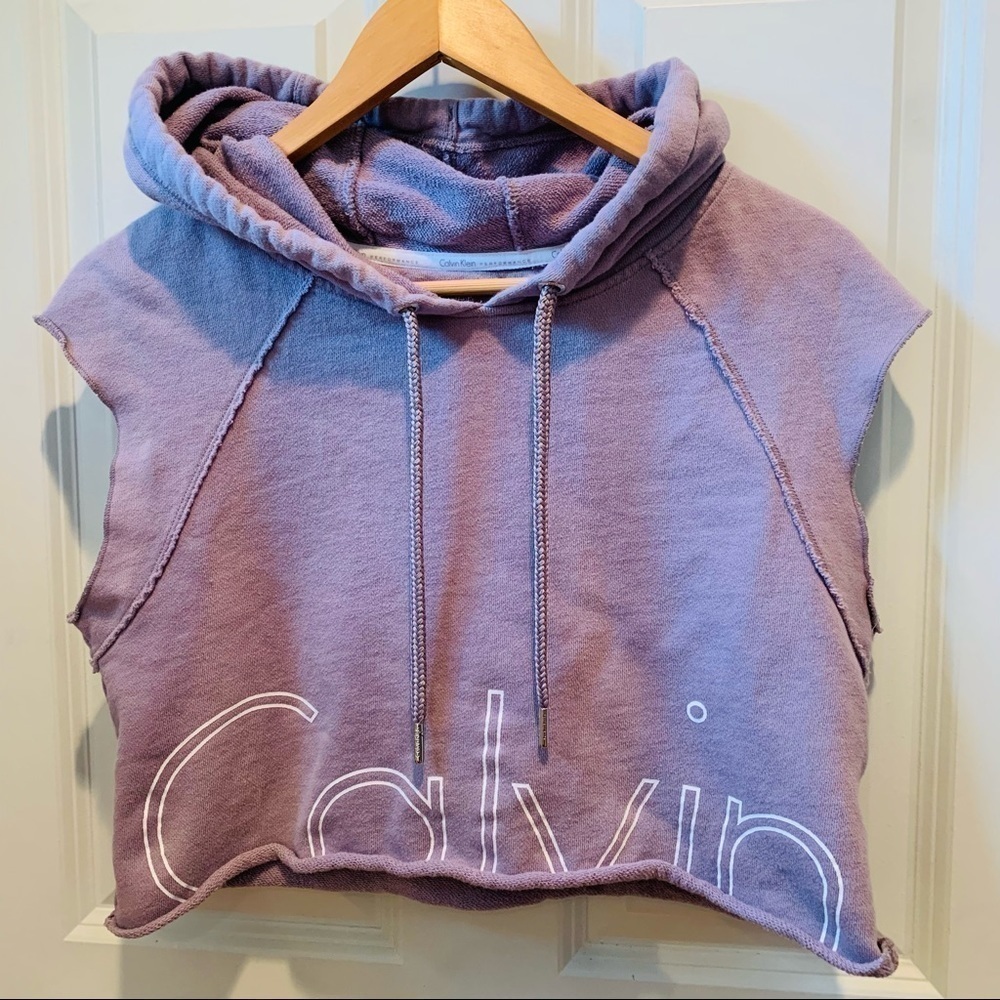 Calvin Klein Purple Crop Muscle Sleeveless Hoodie - Picture 2 of 12